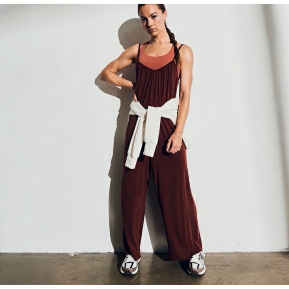 CALIA Sandwash Wide Leg Sleeveless Jumpsuit Red Brown Large NEW!